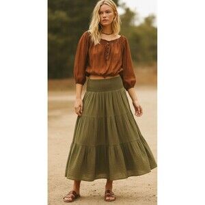 Chico's Linen Silk Peasant Button Detail Brown  Top Sz 2 L